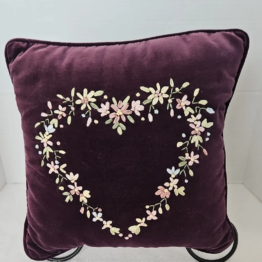 Embroidered Satin Ribbon Floral Heart Purple Velveteen Accent Pillow